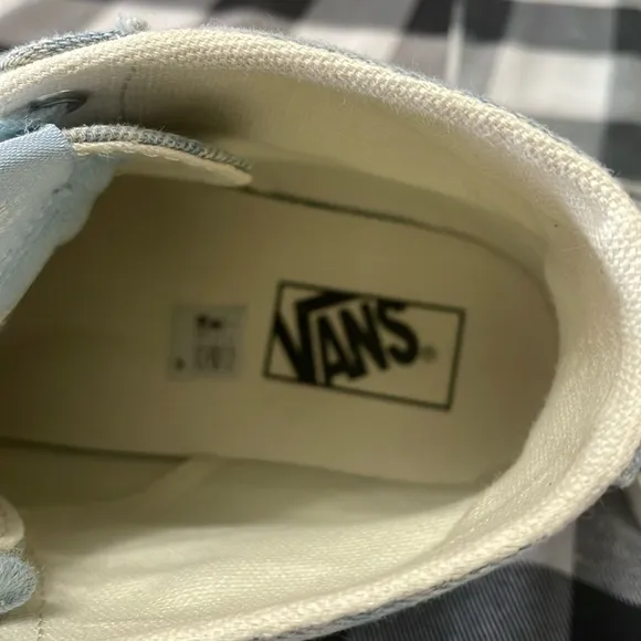 VANS Sk8 Hi Tapered Denim Destroy Winter Sky Washed Blue Denim High Top Sneakers