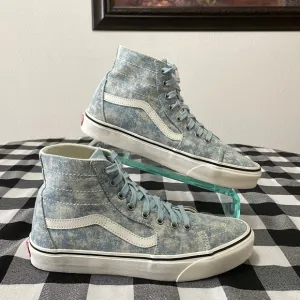 VANS Sk8 Hi Tapered Denim Destroy Winter Sky Washed Blue Denim High Top Sneakers