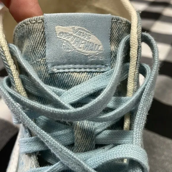 VANS Sk8 Hi Tapered Denim Destroy Winter Sky Washed Blue Denim High Top Sneakers