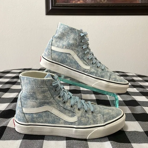 VANS Sk8 Hi Tapered Denim Destroy Winter Sky Washed Blue Denim High Top Sneakers