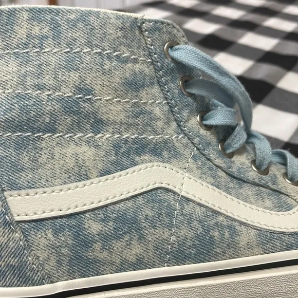 VANS Sk8 Hi Tapered Denim Destroy Winter Sky Washed Blue Denim High Top Sneakers