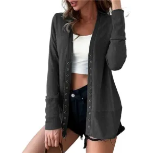 VERABENDI Women Long Sleeve Snaps Button Down V Neck Cute Knit Sweater Cardigan