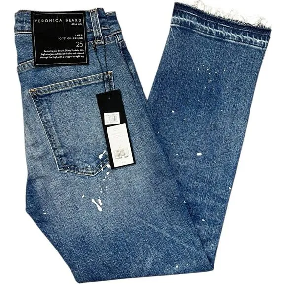 Veronica Beard Ines Paint Splatter 10.75&quot; Cropped Girlfriend Jeans NWT