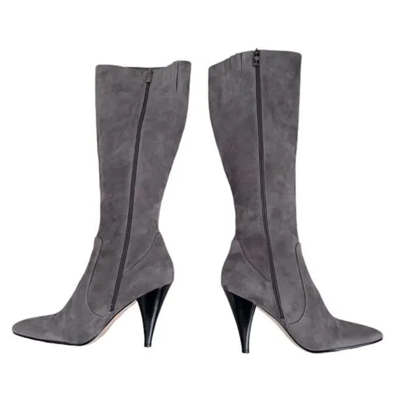 Via Spiga Women 8 Gray Suede Boots Knee High Zip Up Point Toe
