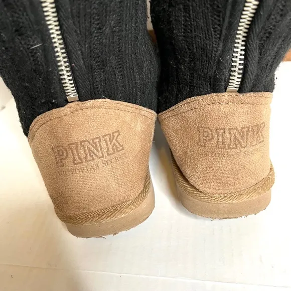 Victorias Secret PINK Wool Slipper Boots Size Medium Black Brown Cheetah Fur 7 8