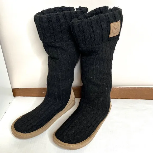 Victorias Secret PINK Wool Slipper Boots Size Medium Black Brown Cheetah Fur 7 8