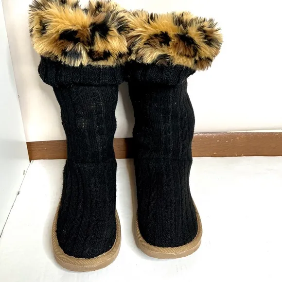 Victorias Secret PINK Wool Slipper Boots Size Medium Black Brown Cheetah Fur 7 8