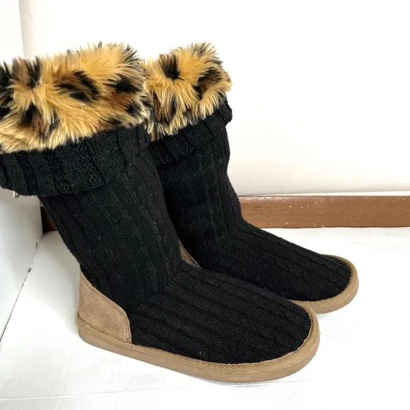 Victorias Secret PINK Wool Slipper Boots Size Medium Black Brown Cheetah Fur 7 8