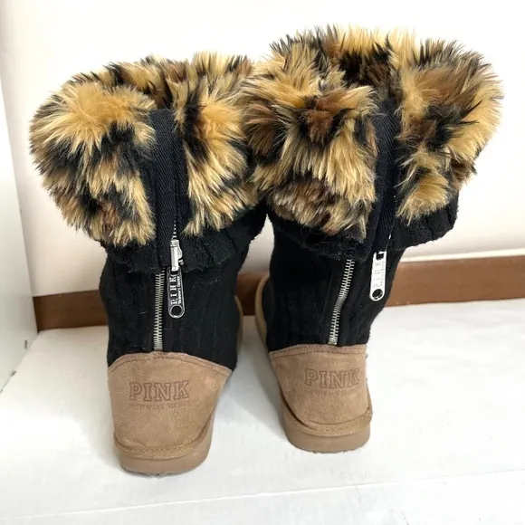 Victorias Secret PINK Wool Slipper Boots Size Medium Black Brown Cheetah Fur 7 8