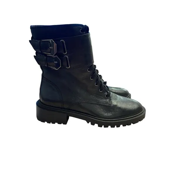 Vince Camuto Fawdry Leather Combat Boots Buckle lace Up Black Size 6.5 M