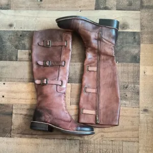 Vince Camuto Fivvy Brown Leather Buckle Distressed Knee-High Boots Sz 6 Women