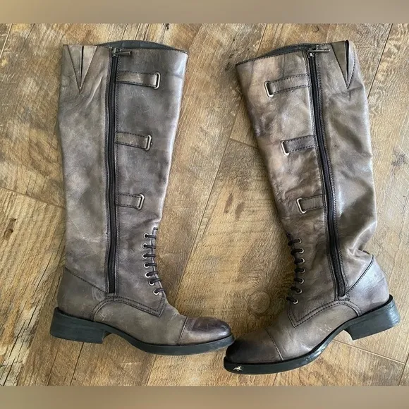 Vince Camuto Gray Leather Buckle Knee Boots Women Size 6