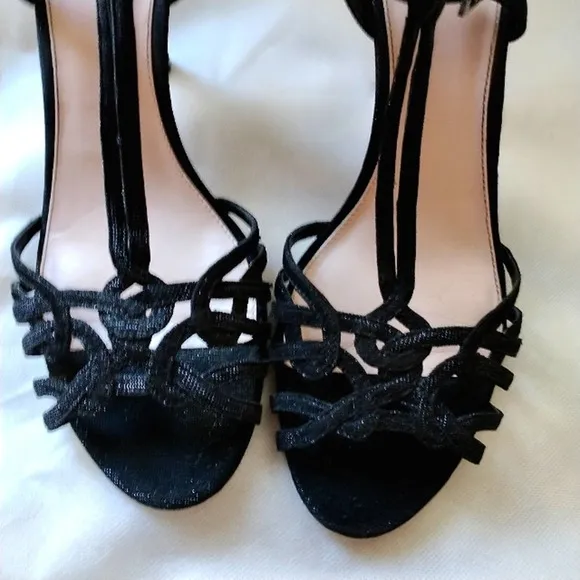 Vince Camuto Strappy Heels Sz 10M BLACK Princess Scroll Sparkle &amp; Ankle Strap