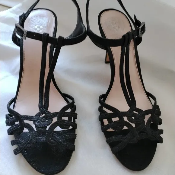 Vince Camuto Strappy Heels Sz 10M BLACK Princess Scroll Sparkle &amp; Ankle Strap