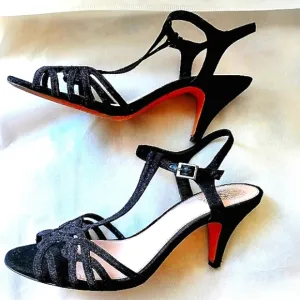 Vince Camuto Strappy Heels Sz 10M BLACK Princess Scroll Sparkle &amp; Ankle Strap