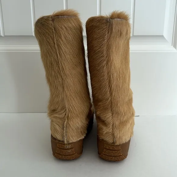 Vintage 70’s La Mondiale Camel Tan‎ Goat Fur Made In Italy Wookie Boots Women 6