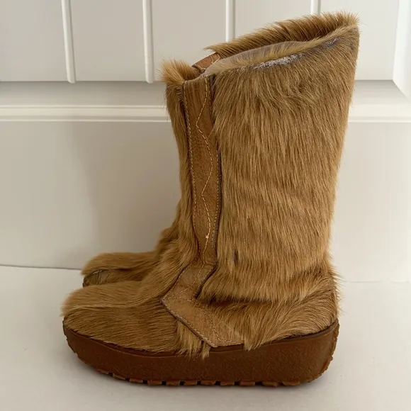 Vintage 70’s La Mondiale Camel Tan‎ Goat Fur Made In Italy Wookie Boots Women 6