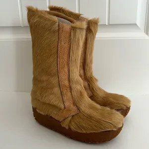 Vintage 70’s La Mondiale Camel Tan‎ Goat Fur Made In Italy Wookie Boots Women 6