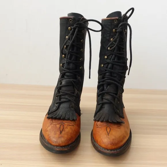 VINTAGE Brown Western Boots Men 5.5 Cowboy Packer Logger Steampunk Edwardian USA