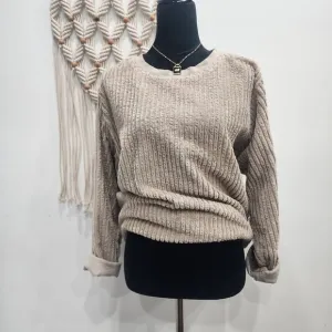 Vintage [DENIM &amp; CO] unisex-  size Large long  sleeve, boxy  ribbed tan sweater!