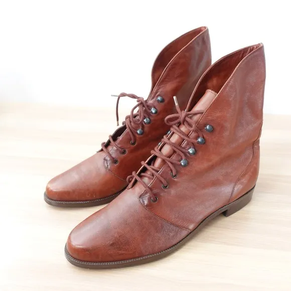 VINTAGE Edwardian Women Boots 10 Steampunk Victorian Leather Cognac NINE WEST