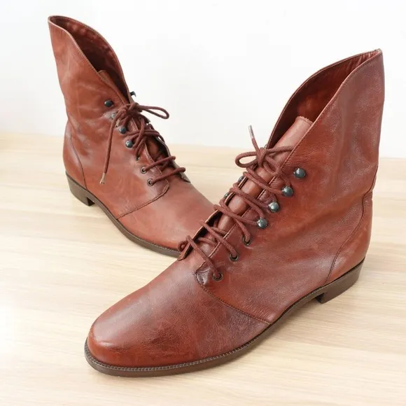 VINTAGE Edwardian Women Boots 10 Steampunk Victorian Leather Cognac NINE WEST