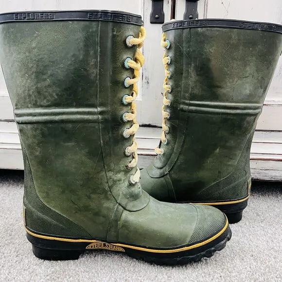 Vintage Explorers Green Rubber Handcrafted Steel Shank Insulated Boots Mens 8