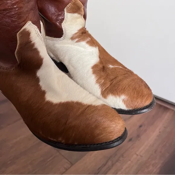 Vintage handmade cowhide and fur western boots, size 6.5