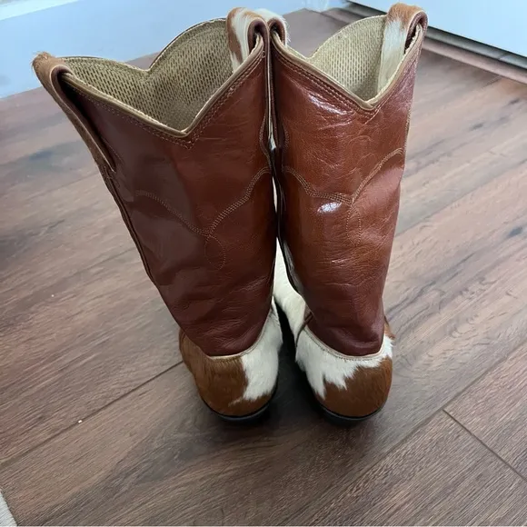 Vintage handmade cowhide and fur western boots, size 6.5