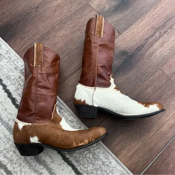 Vintage handmade cowhide and fur western boots, size 6.5