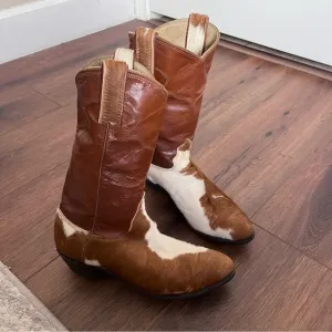 Vintage handmade cowhide and fur western boots, size 6.5