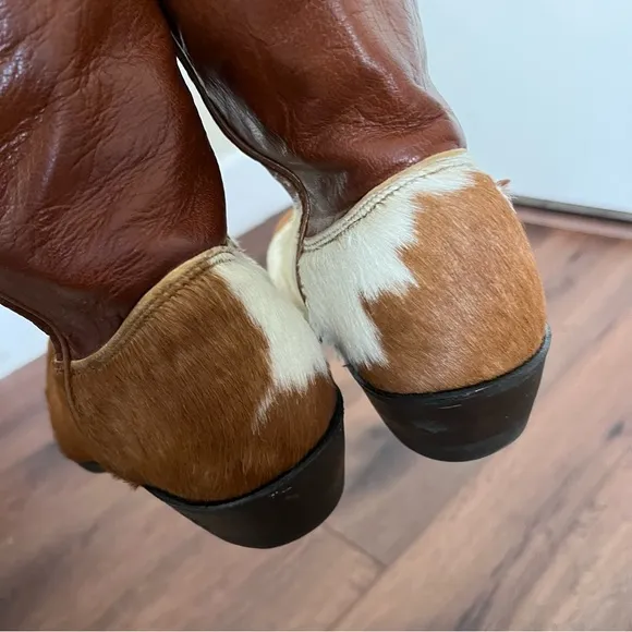 Vintage handmade cowhide and fur western boots, size 6.5