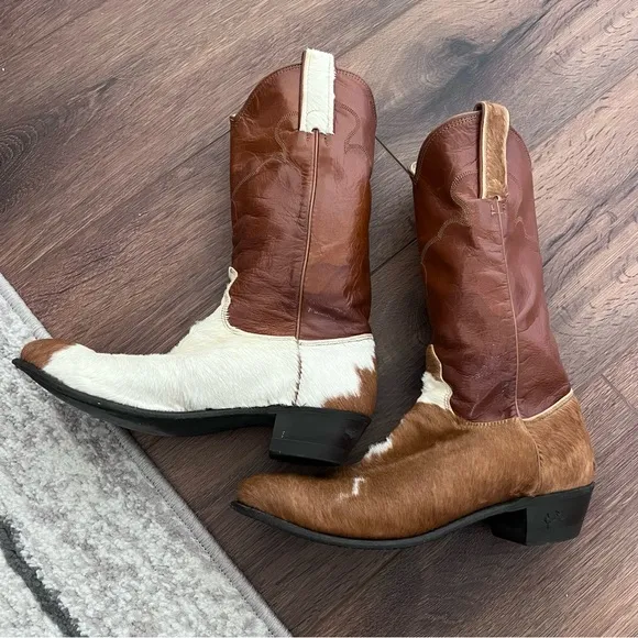 Vintage handmade cowhide and fur western boots, size 6.5