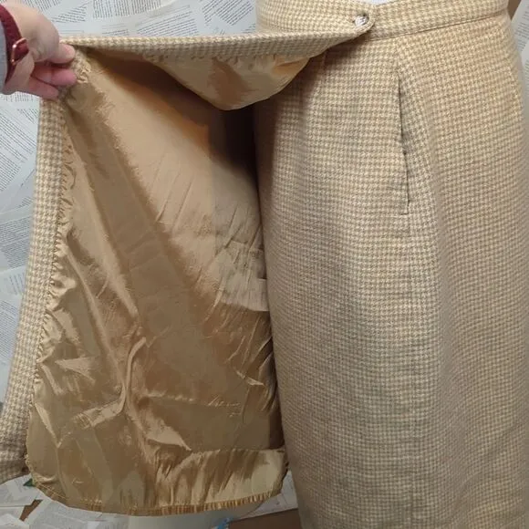 Vintage LL Bean Wool Camel Hair Hounds Tooth Wrap Tan Skirt 20