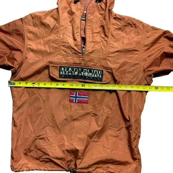 Vintage NAPAPIJRI Geographic‎ Hooded Pullover Orange Jacket 1/2 Zip Mens Small