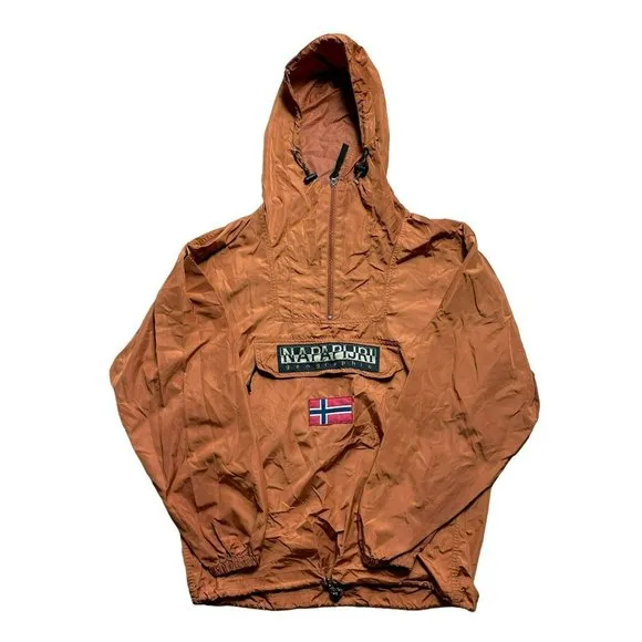 Vintage NAPAPIJRI Geographic‎ Hooded Pullover Orange Jacket 1/2 Zip Mens Small