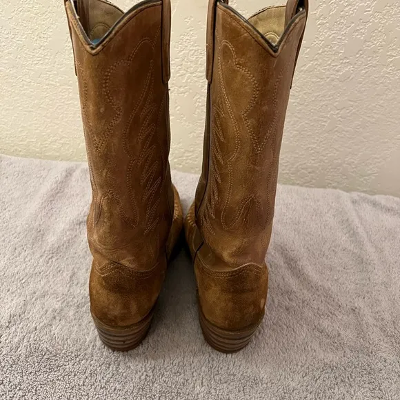 Vintage Texas Brand Men Tan Leather Suede Western Cowboy Boots Sz 7.5 D USA 7566