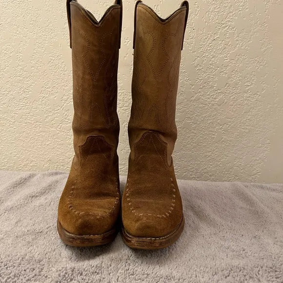 Vintage Texas Brand Men Tan Leather Suede Western Cowboy Boots Sz 7.5 D USA 7566
