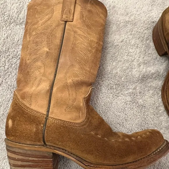 Vintage Texas Brand Men Tan Leather Suede Western Cowboy Boots Sz 7.5 D USA 7566