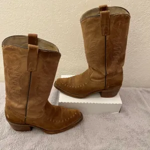 Vintage Texas Brand Men Tan Leather Suede Western Cowboy Boots Sz 7.5 D USA 7566