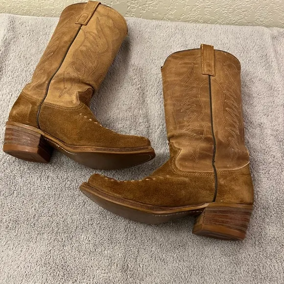 Vintage Texas Brand Men Tan Leather Suede Western Cowboy Boots Sz 7.5 D USA 7566