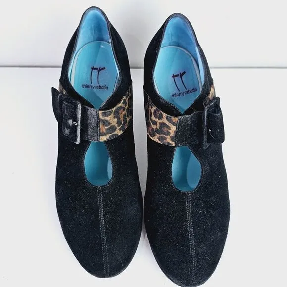 Vintage Thierry Rabotin Black Suede Leopard Mary Jane Chunk Heels, Italy, 38 1/2