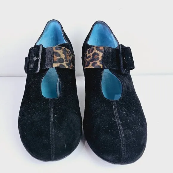 Vintage Thierry Rabotin Black Suede Leopard Mary Jane Chunk Heels, Italy, 38 1/2