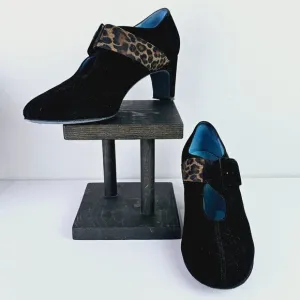 Vintage Thierry Rabotin Black Suede Leopard Mary Jane Chunk Heels, Italy, 38 1/2