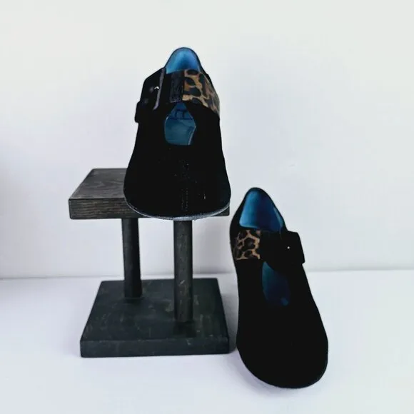 Vintage Thierry Rabotin Black Suede Leopard Mary Jane Chunk Heels, Italy, 38 1/2