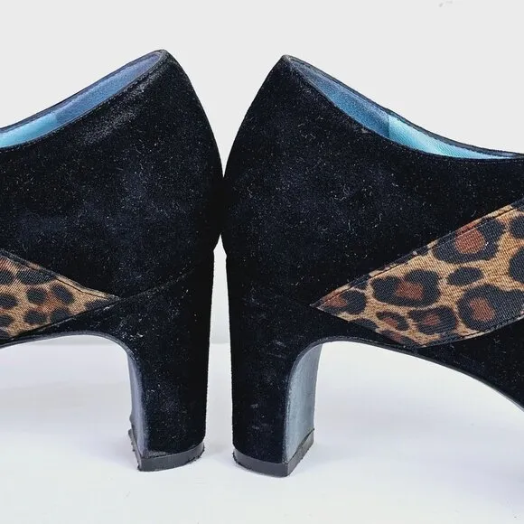 Vintage Thierry Rabotin Black Suede Leopard Mary Jane Chunk Heels, Italy, 38 1/2