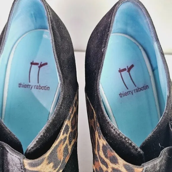 Vintage Thierry Rabotin Black Suede Leopard Mary Jane Chunk Heels, Italy, 38 1/2