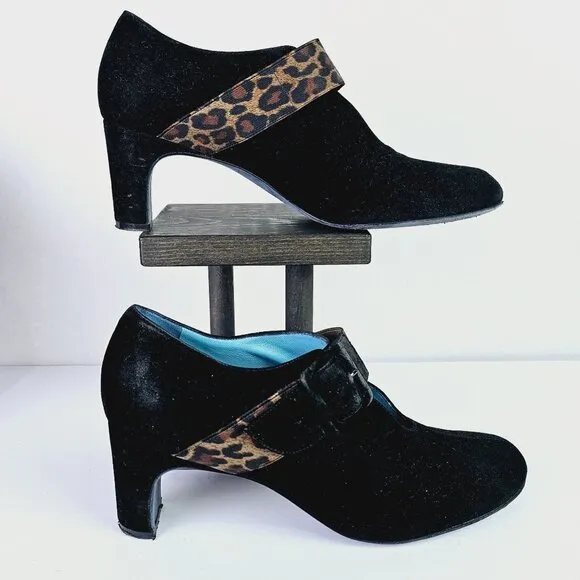 Vintage Thierry Rabotin Black Suede Leopard Mary Jane Chunk Heels, Italy, 38 1/2
