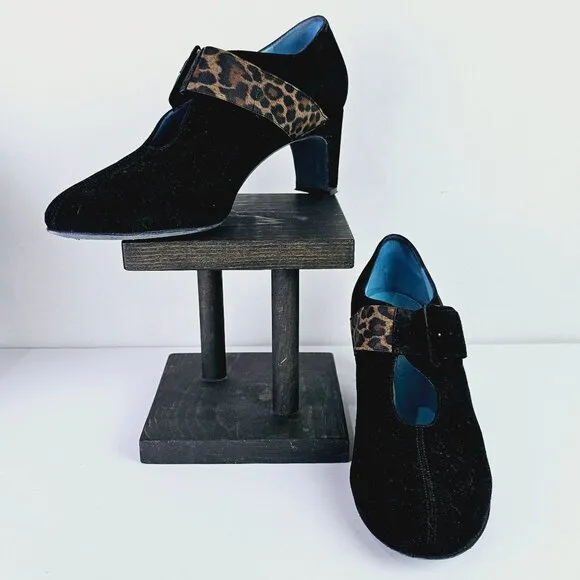 Vintage Thierry Rabotin Black Suede Leopard Mary Jane Chunk Heels, Italy, 38 1/2