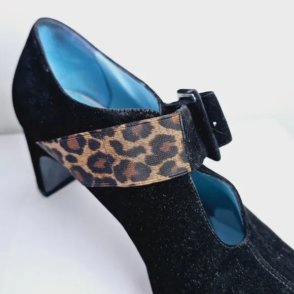Vintage Thierry Rabotin Black Suede Leopard Mary Jane Chunk Heels, Italy, 38 1/2